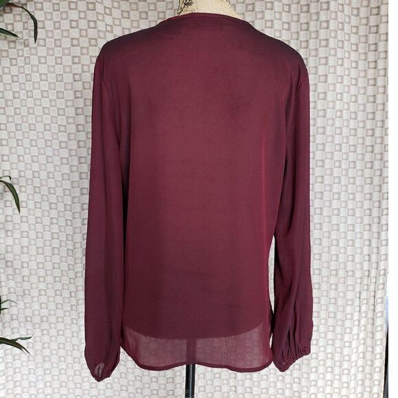 Women's Blouse Wine Red Long Sleeve Sheer Tie-Neck Blouse Large NWOT - Picture 6 of 8